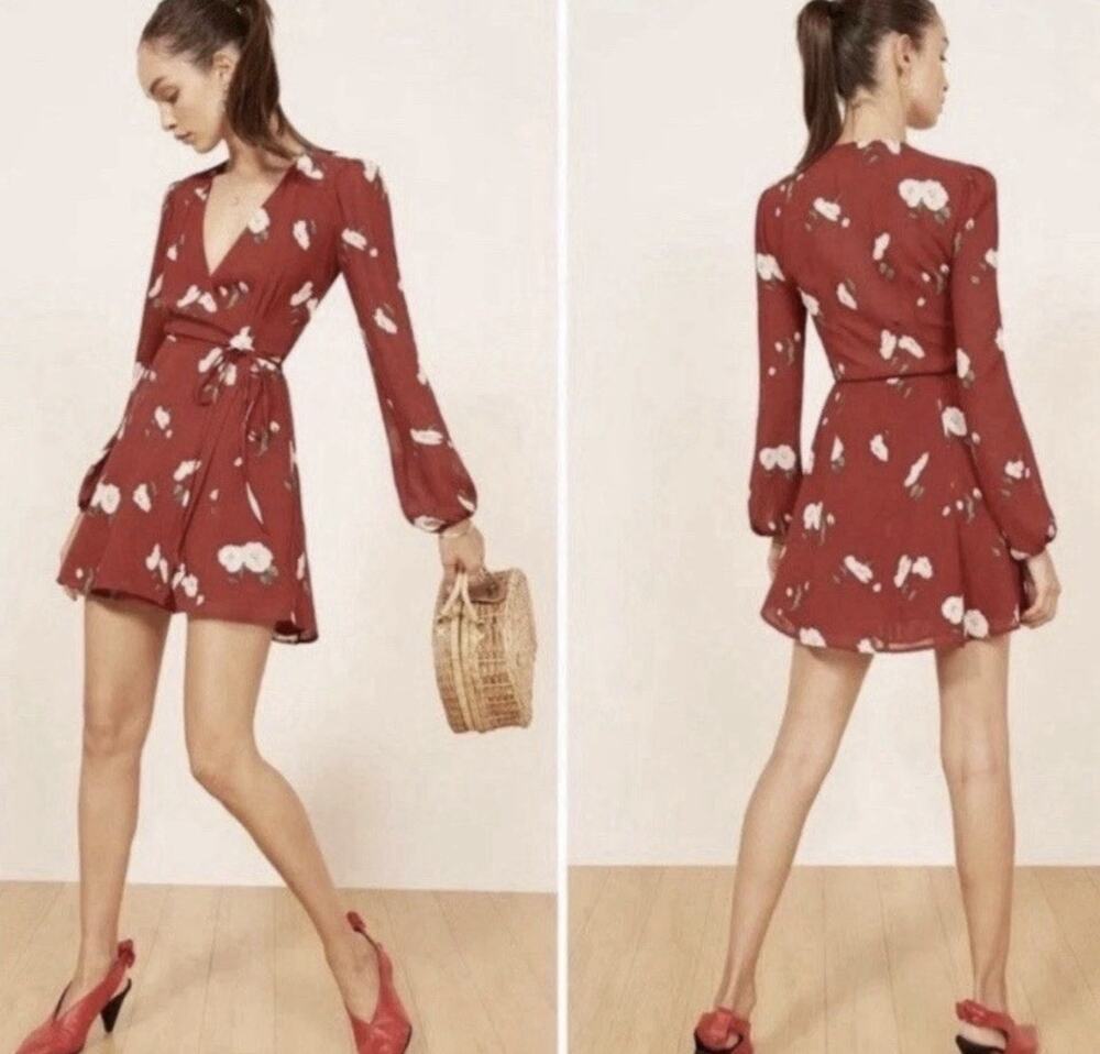 Reformation Collins Wrap Dress Red Floral Long Sleeve Mini Petite Medium USA J25